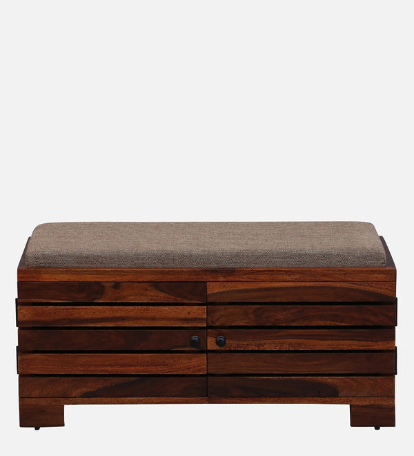 Shoe Rack with Seating In Honey Oak Finish With Biege Cushioned Chair