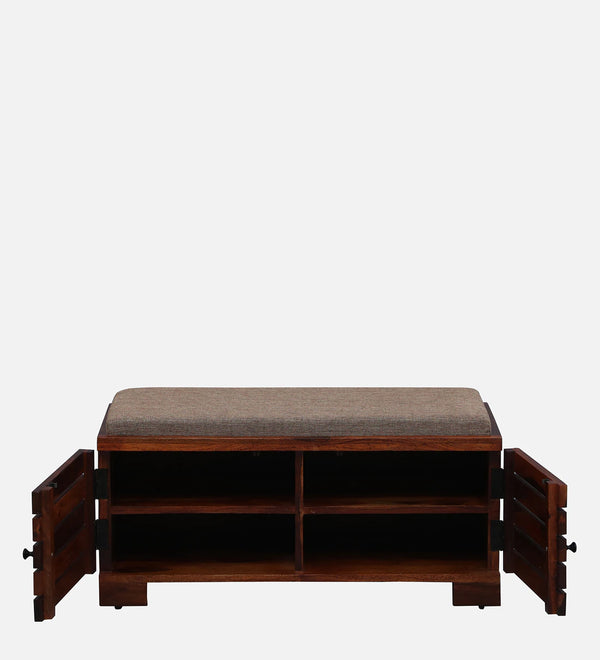 Shoe Rack with Seating In Honey Oak Finish With Biege Cushioned Chair