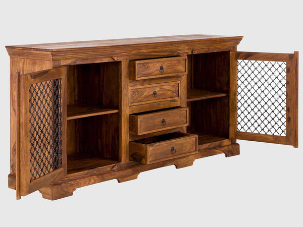 Classic Sheesham Wood Natural Sideboard With Metal Jali