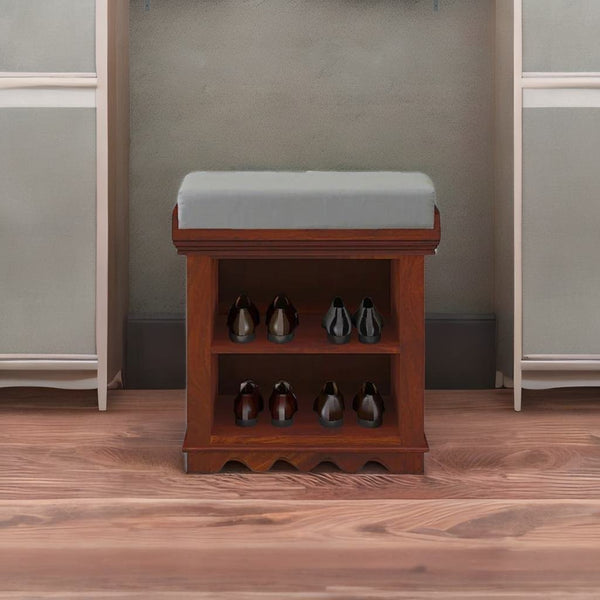 Classic Sheesham Wood Shoe Rack With Seating In Honey Oak Finish