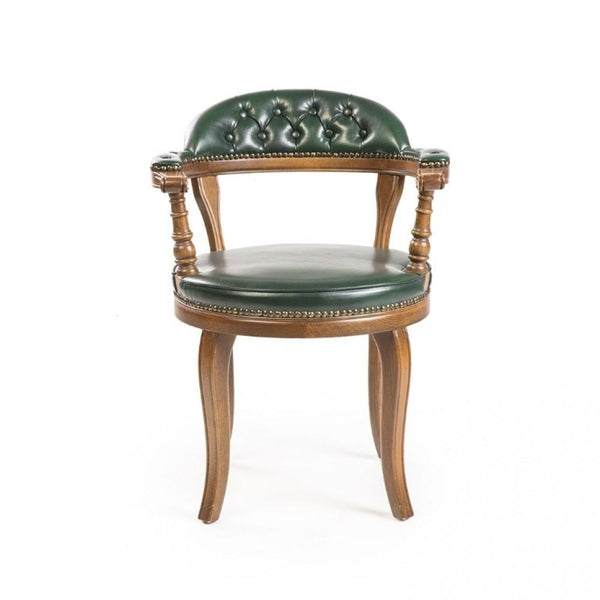 Traditional Solid Wood Leather Arm Chair - Green Finish