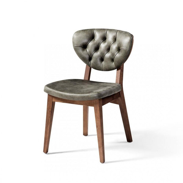 Classic Solid Wood Leather Dining Chair - Dark Green Finish