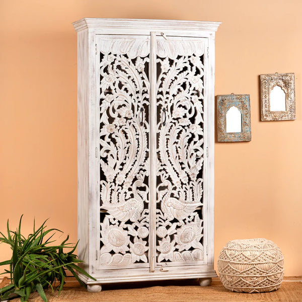 Cairo Hand Carved Peacock Design Mango Wood Wardrobe