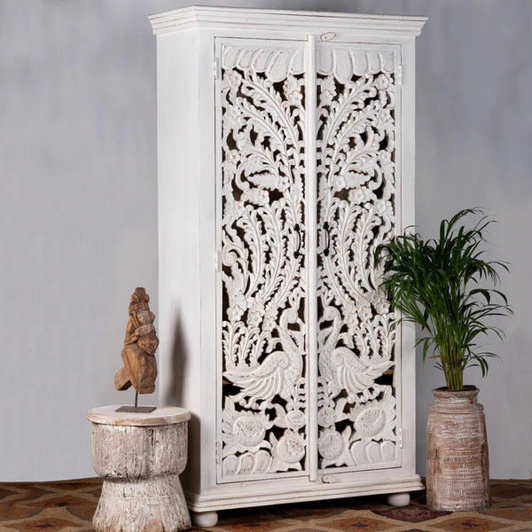 Cairo Hand Carved Peacock Design Mango Wood Wardrobe
