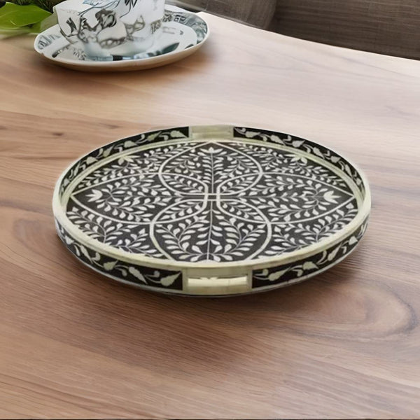 Bone Inlay Solid Wood Round Floral Pattern Serving Tray