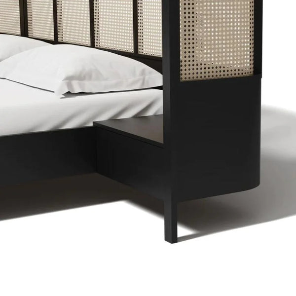Rio Classic Solid Wood Rattan Bed With Attached Side Table In Black Finish -All sizes