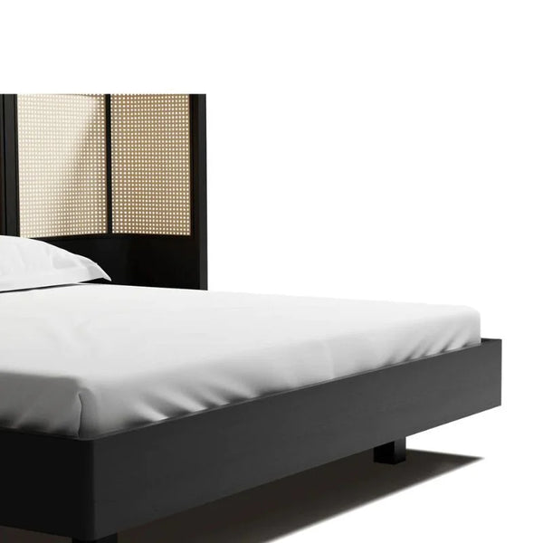 Rio Classic Solid Wood Rattan Bed With Attached Side Table In Black Finish -All sizes