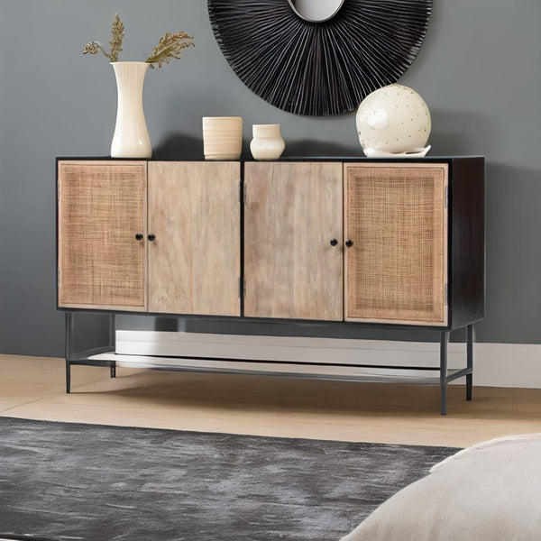 Modern Rattan Mango Solid Wood Natural Finish Iron Base Sideboard