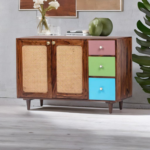 Modern Rattan Mango Solid Wood Brown Finish Sideboard