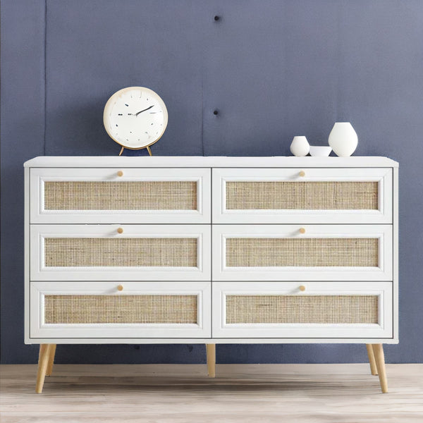 Modern Solid Wood Rattan White Finish Chest Of 6 Drawers