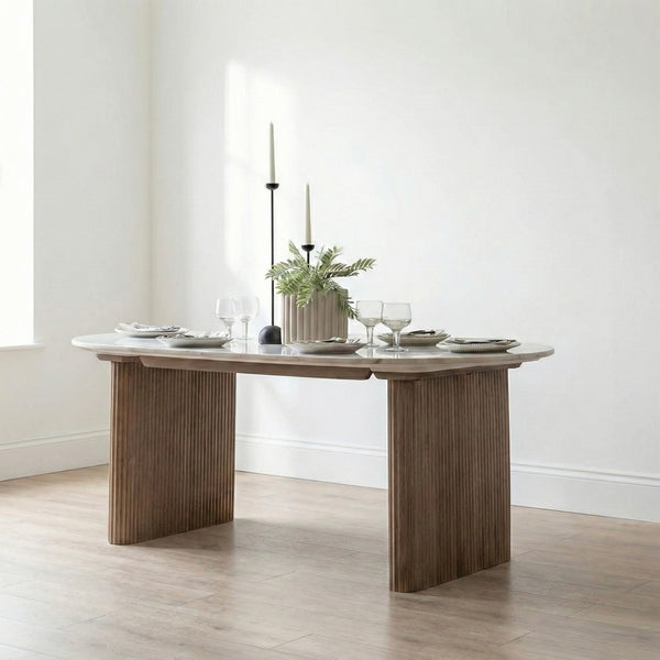 Antalya Modern Fluted Curve Marble Top Dining Set With Boucle Chairs - 4 Seater, 6 Seater - All Sizes