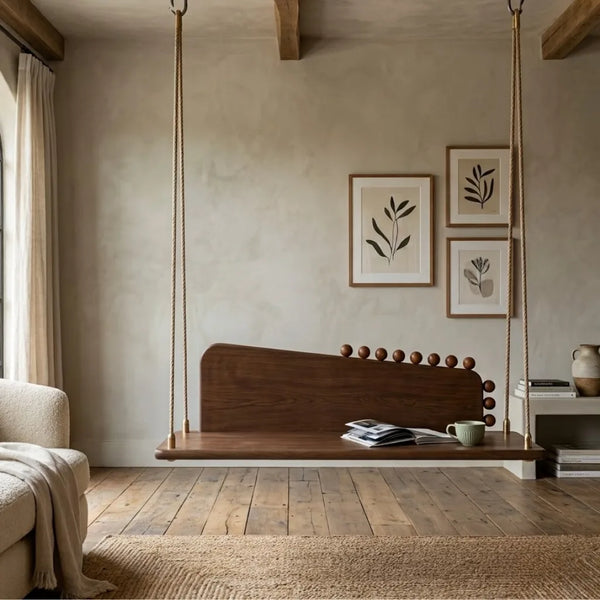 Wooden swing in a room with neutral walls and decor