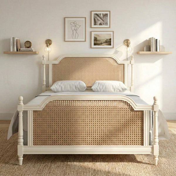 Ambre French Solid Wood Rattan Bed- All Sizes