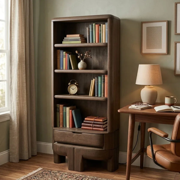 A tall dark brown wooden bookcase with four shelves and two drawers at the bottom, styled in a cozy home office next to a desk with a lamp and chair.