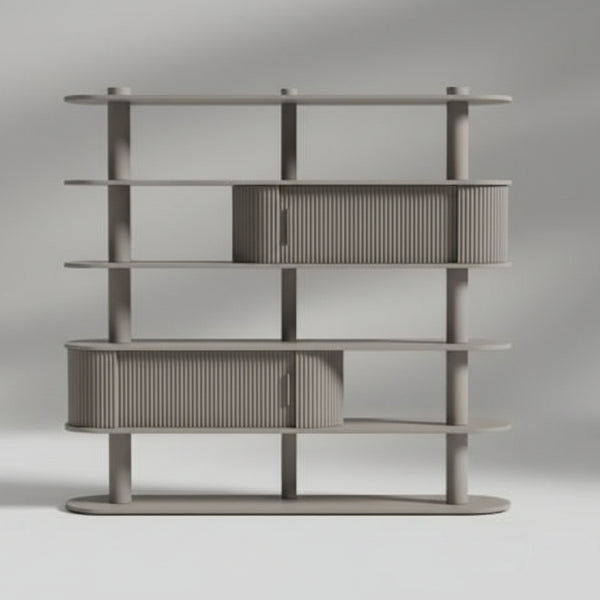 Wooden bookshelf with wicker accents on a brown background