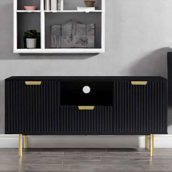 Solid Wood Stripped Design Wide Tv Media Unit - Black Finish