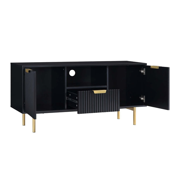 Solid Wood Stripped Design Wide Tv Media Unit - Black Finish