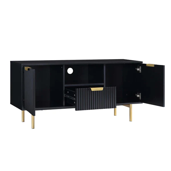 Solid Wood Stripped Design Wide Tv Media Unit - Black Finish