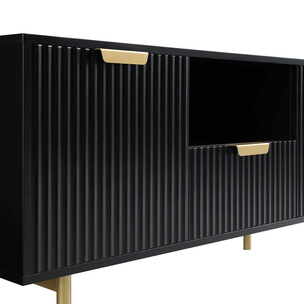 Solid Wood Stripped Design Wide Tv Media Unit - Black Finish