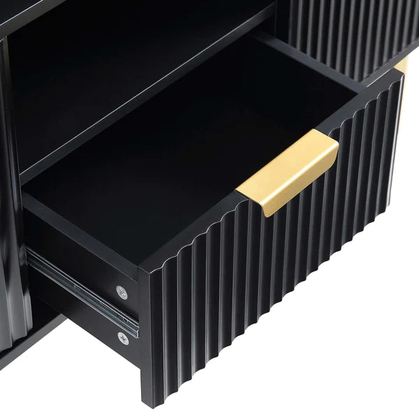 Solid Wood Stripped Design Wide Tv Media Unit - Black Finish