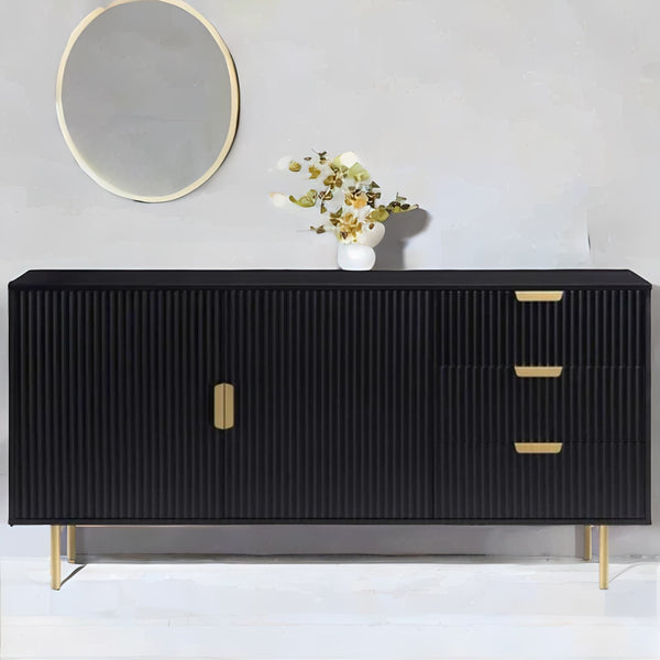 Modern Solid Wood Stripped Design Sideboard - Black finish