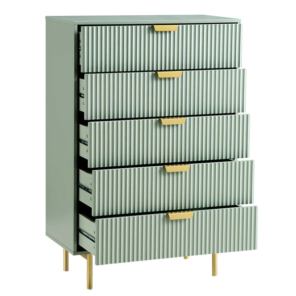Modern Solid Wood Chest of 5 Drawer - Green Finish