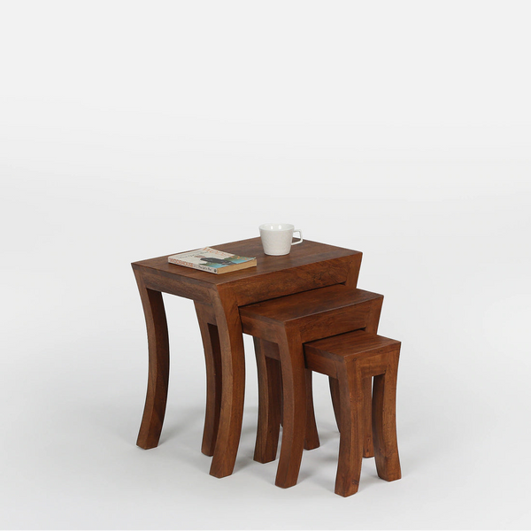 Benbecula Solid Wood Set of 3 Side Table In Natural Finish