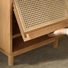Wooden cabinet with wicker door being opened by a hand on a neutral background