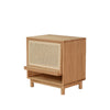 Wooden side table with woven design on a white background