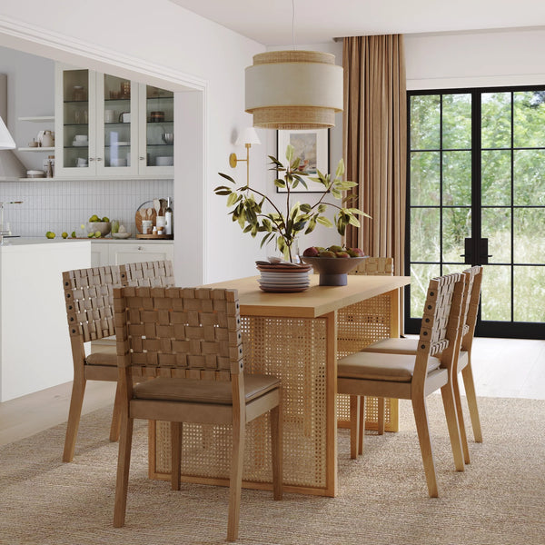 Berlin Rattan Solid Wood Dining Table Set Leather Chairs