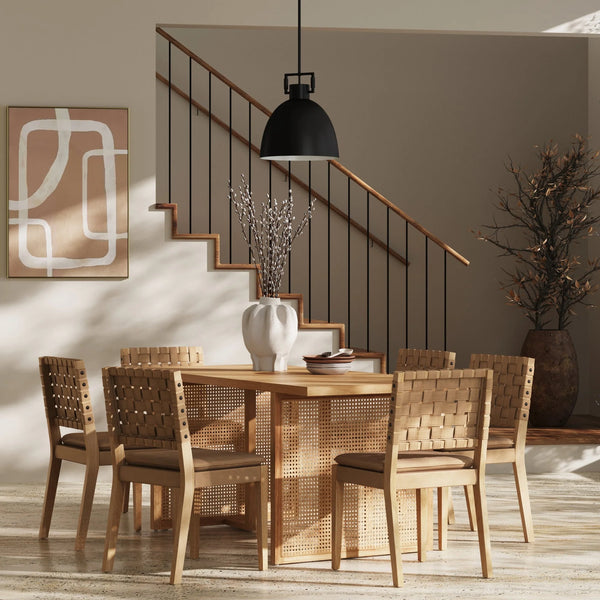Berlin Rattan Solid Wood Dining Table Set Leather Chairs