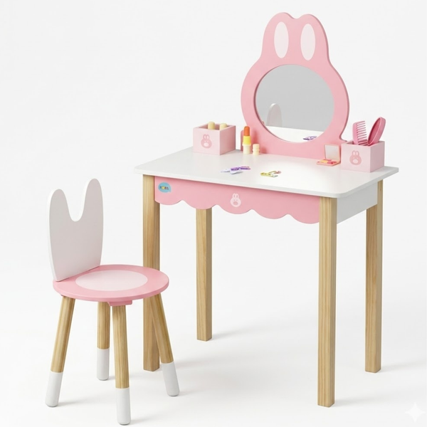 Children's vanity table with mirror and chair on a white background