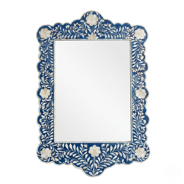 Floral Bone Inlay Wall Mirror Blue Finish