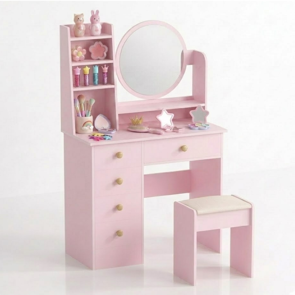 Pink children's vanity with mirror, shelves, and stool on a white background