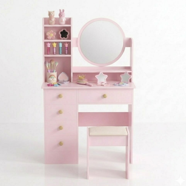 Pink children's vanity table with mirror and shelves on a white background