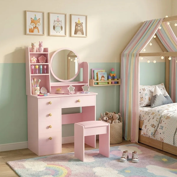 Children's room with pink vanity table, stool, and bed with striped canopy.