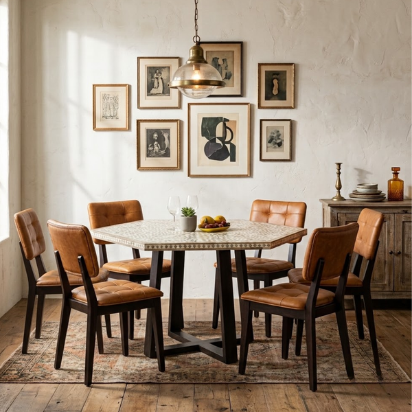 A 7-piece dining set featuring a hexagonal table with a light marble-patterned top and dark wood legs, surrounded by six matching chairs with brown leather upholstery and dark wood frames, set in a rustic dining room.