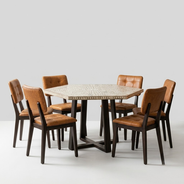 Brownstone Wood Inlay Hexagon Dining Table Set-6 Seater