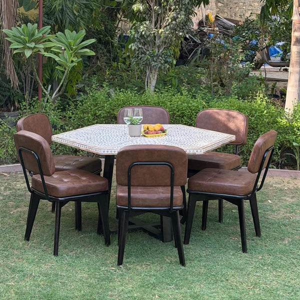 Brownstone Wood Inlay Hexagon Dining Table Set-6 Seater