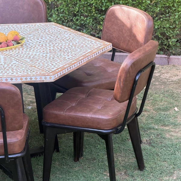 Brownstone Wood Inlay Hexagon Dining Table Set-6 Seater
