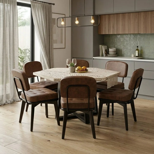 Wood inlay solid wood hexagon dining table set with brown leather chair 