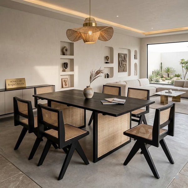 Bruna Solid Wood Rattan 6 Seater Dining Set - READY TO SHIP