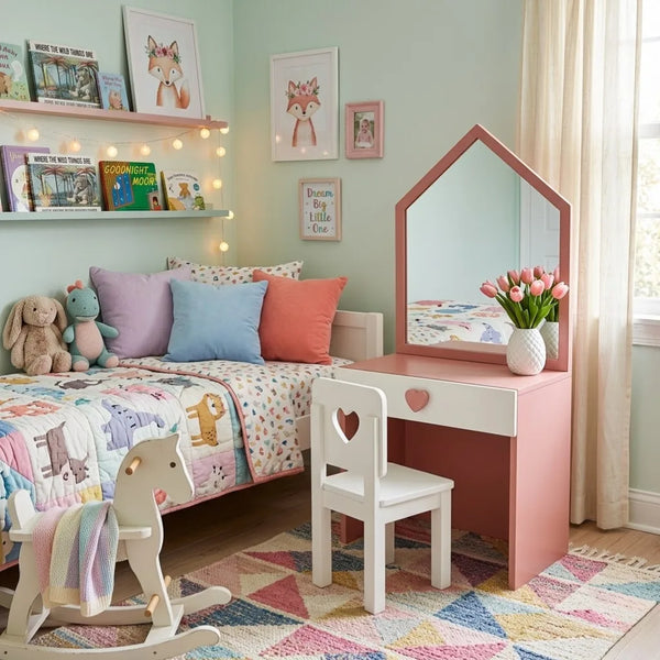 Children's bedroom with pink vanity, colorful bedding, and toys.