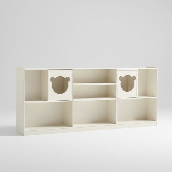 White children's bookshelf with bear face cutouts on a white background