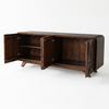 A dark brown wooden sideboard cabinet with two doors swung open to show the interior shelves, photographed against a clean white studio background.