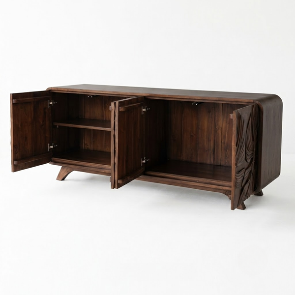 A dark brown wooden sideboard cabinet with two doors swung open to show the interior shelves, photographed against a clean white studio background.