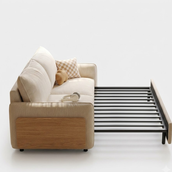 Beige sofa with wooden armrests and a metal bed frame on a white background