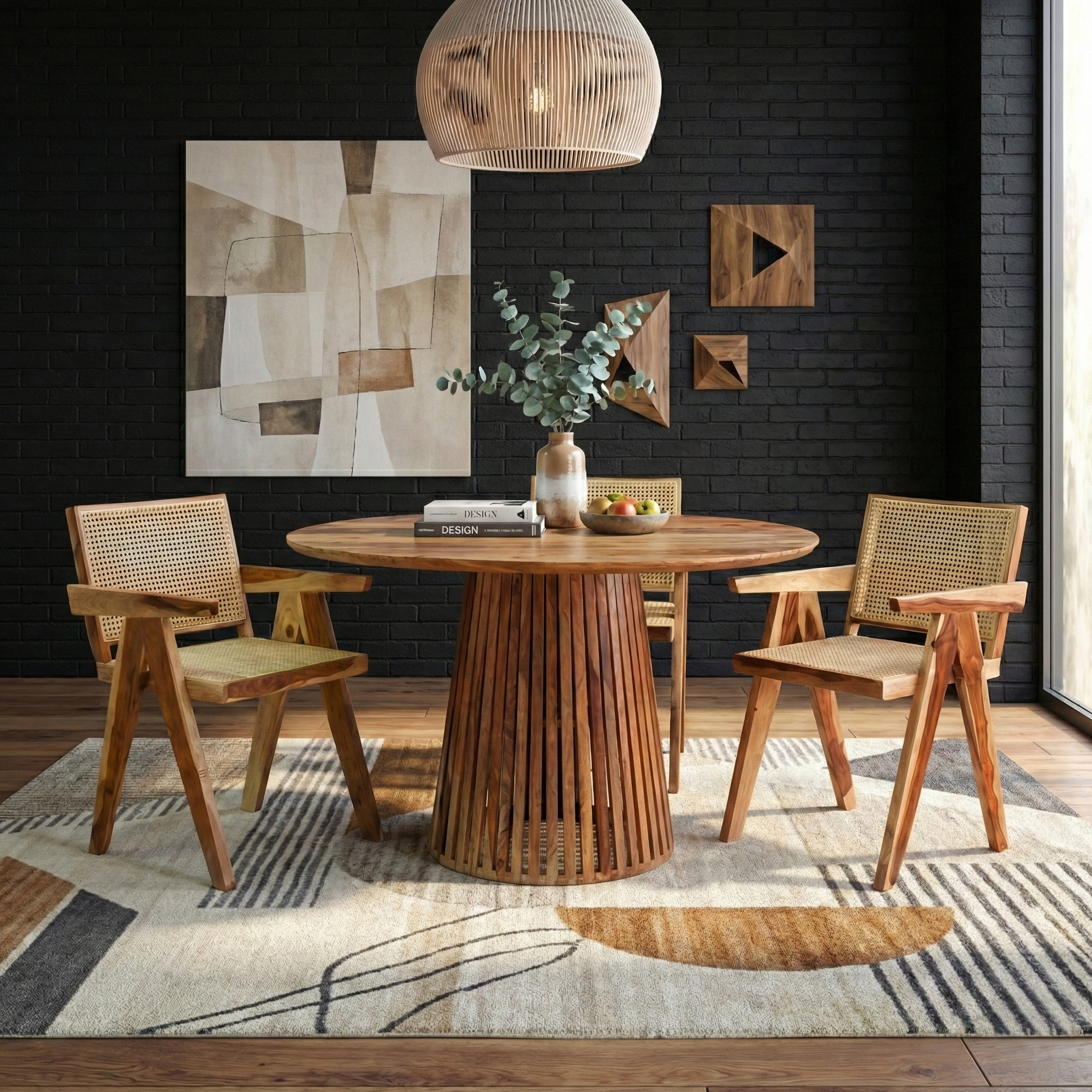Sheesh Rattan Solid Sheesham Wood Round Dining Set With Chairs - 4 Sea ...