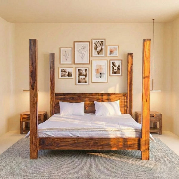 Clovis Solid Wood Poster Bed In Honey Finish