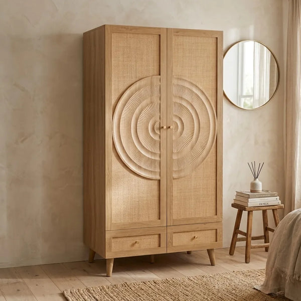 Coimbra Solid Wood 2 Door Rattan Wardrobe